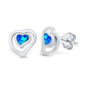 Heart Stud Earrings Lab Created Blue Opal 925 Sterling Silver (11mm)